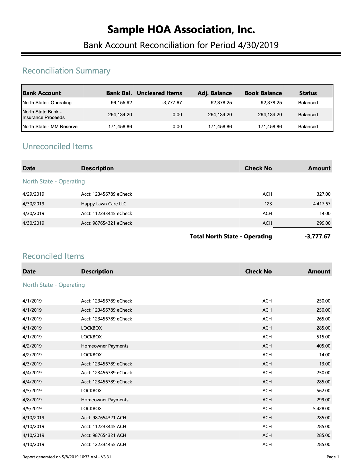 Sample HOA - Bank Acct Reconciliation